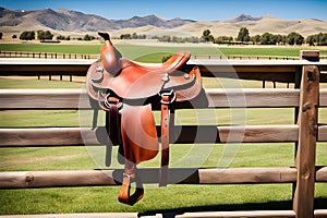 Leather saddles hang on a wooden fence in a sandy arena. Horse riding competition concept.