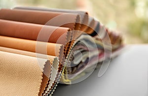 Leather samples of different colors for interior design