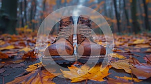 leather shoes manufacturing commercial advertisment,suburban,closeup,ground full of yellow leaves,naturalism,8k