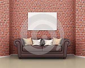 Leather sofa on a background of a brick wall,