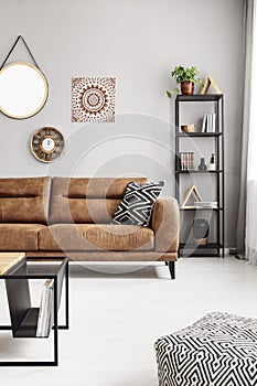 Leather sofa with black and white pillow in real photo of sitting room interior with metal rack with books, decor and fresh plant