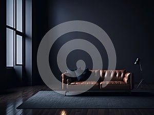 leather sofa in dark loft interior. Generative AI