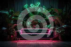 Leather sofa in a room with tropical plants and neon lighting