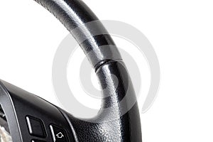 Leather steering wheel black color in the process of stitching with a  seam in the workshop for the repair of car interiors and