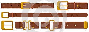 Leather strapping. Brown leather belts with steel buckles and metal fittings. Haberdashery strapping accessories vector