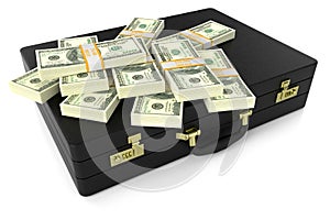 Leather suitcase with dollars 3d