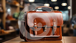 Leather suitcase, elegant briefcase, modern backpack travel in style generated by AI