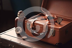 Leather suitcase with travel accessories