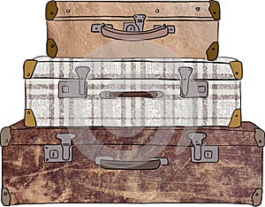 Leather suitcases are standing on each other waiting for a trip, vector illustration of vintage suitcases photo