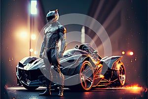 Leather suited sports car driver with helmet stands in front of hyper modern futuristic concept. Generative AI