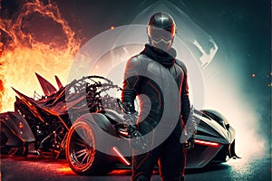 Leather suited sports car driver with helmet stands in front of hyper modern futuristic concept. Generative AI