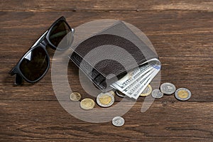 Leather wallet with dollars and sunglasses