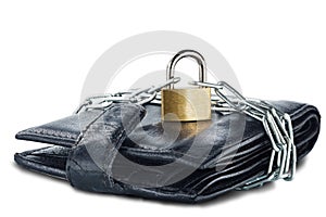 Leather wallet with lock and chain on white isolated background. Concept of protecting electronic money and safety personal financ