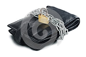 Leather wallet with lock and chain on white isolated background. Concept of protecting electronic money and safety personal financ