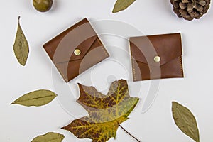 Leather wallets and dry autumn leaves on a white background, top view