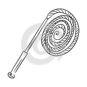 Leather whip knout in black isolated on white background. Hand drawn vector sketch illustration in doodle engraved outline style.