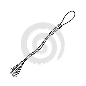 Leather whip knout with small tassels in black isolated on white background. Hand drawn vector sketch illustration in doodle photo