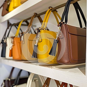 Leather Women's Bags with Tassels on Shelf in Store. Generative AI