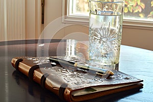 a leatherbound journal, fancy pen, and a tall glass of water on the table