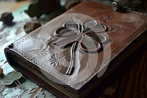 leatherbound journal with a fourleaf clover embossed on it photo