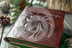 leatherbound journal with a fourleaf clover embossed on it photo