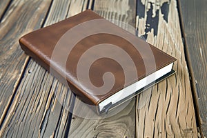 leatherbound notepad on varnished oak plank photo
