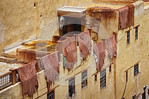 The leathers are dried on the roofs of the old tannery buildings in Fez. Morocco. The tanning industry in the city is considered