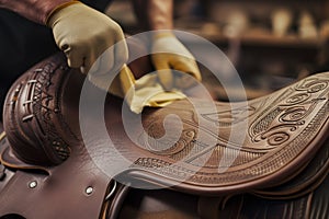 leatherworker smoothing a saddle with a cloth