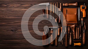 Leatherworking Tools on Dark Wooden Background