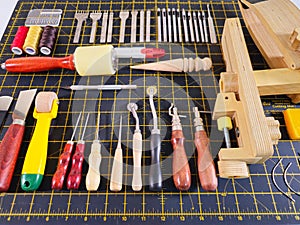 A set of tools for working with leather.