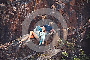 Leave all your worries behind. Sexy woman and bearded man on natural landscape. Couple enjoy love and romance. Couple in