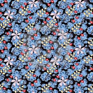 Leaves Berries and Flowers Abstract Raster Seamless Background.