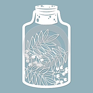 Leaves and berries in a glass jar. Laser cut. Vector illustration. Pattern for the laser cut, scrapbooking, plotter and