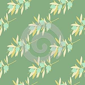Leaves and berries seamless pattern on green background. Floral wallpaper. Botanical print