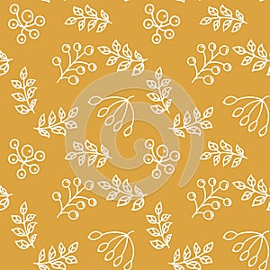 Leaves and berries seamless pattern vector illustration in linear style. Endless plant background. Thanksgiving
