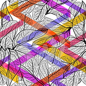 Leaves black contours, Rainbow bright magenta pink orange lilac purple strips modern trendy. floral seamless pattern, hand-drawn.