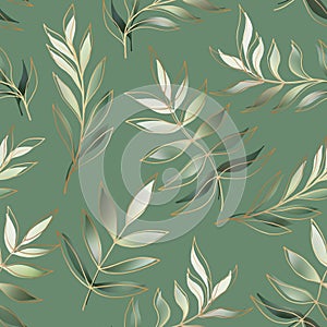 Leaves and branches vector seamless pattern. Olive brush leaves and twigs