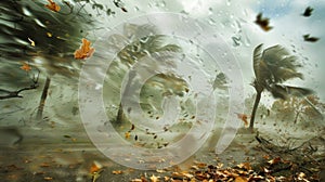 Leaves and debris swirl through the air caught in the powerful gusts of wind that accompany the fierce storm