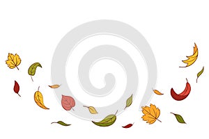 Leaves fall set in cartoon style, vector illustration. Wave cold air during windy weather. Maple leaf outline for print