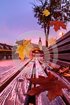 Leaves falling on the park bench in Samobor - Croatia