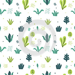 Leaves flat set. Seamless pattern Tropical plants isolated on white background. Nature simple green floral. Minimal style fantasy