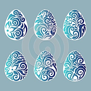 leaves  flowers  carved in egg. Vector illustration. Easter eggs for Easter holidays. Set of paper Easter egg stickers. Laser cut