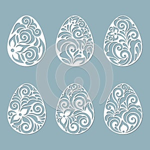 leaves  flowers  carved in egg. Vector illustration. Easter eggs for Easter holidays. Set of paper Easter egg stickers. Laser cut