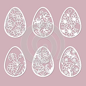 Leaves, flowers, carved in egg. Vector illustration. Easter eggs for Easter holidays. Set of paper Easter egg stickers. Laser cut