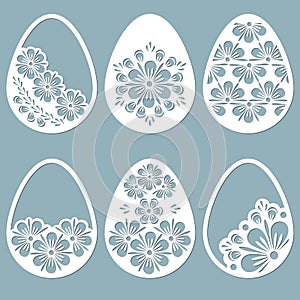 Leaves, flowers, carved in egg. Vector illustration. Easter eggs for Easter holidays. Set of paper Easter egg stickers. Laser cut