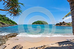 Leaves frame with Summer sea beach Amazing sea clear blue sky and clouds Wave crashing on seashore tree leaves beautiful leafs