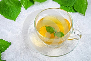 Leaves of fresh green nettle and a clear glass cup of herbal nettle tea on a gray concrete table.