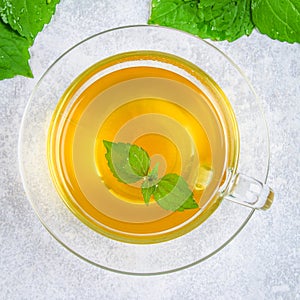 Leaves of fresh green nettle and a clear glass cup of herbal nettle tea on a gray concrete table. Top view.