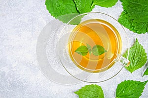 Leaves of fresh green nettle and a clear glass cup of herbal nettle tea on a gray concrete table. Top view.