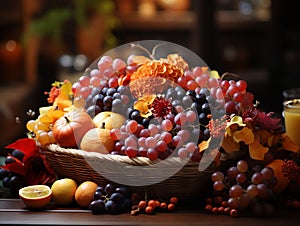 leaves and fruits in a beautifully composed basket.